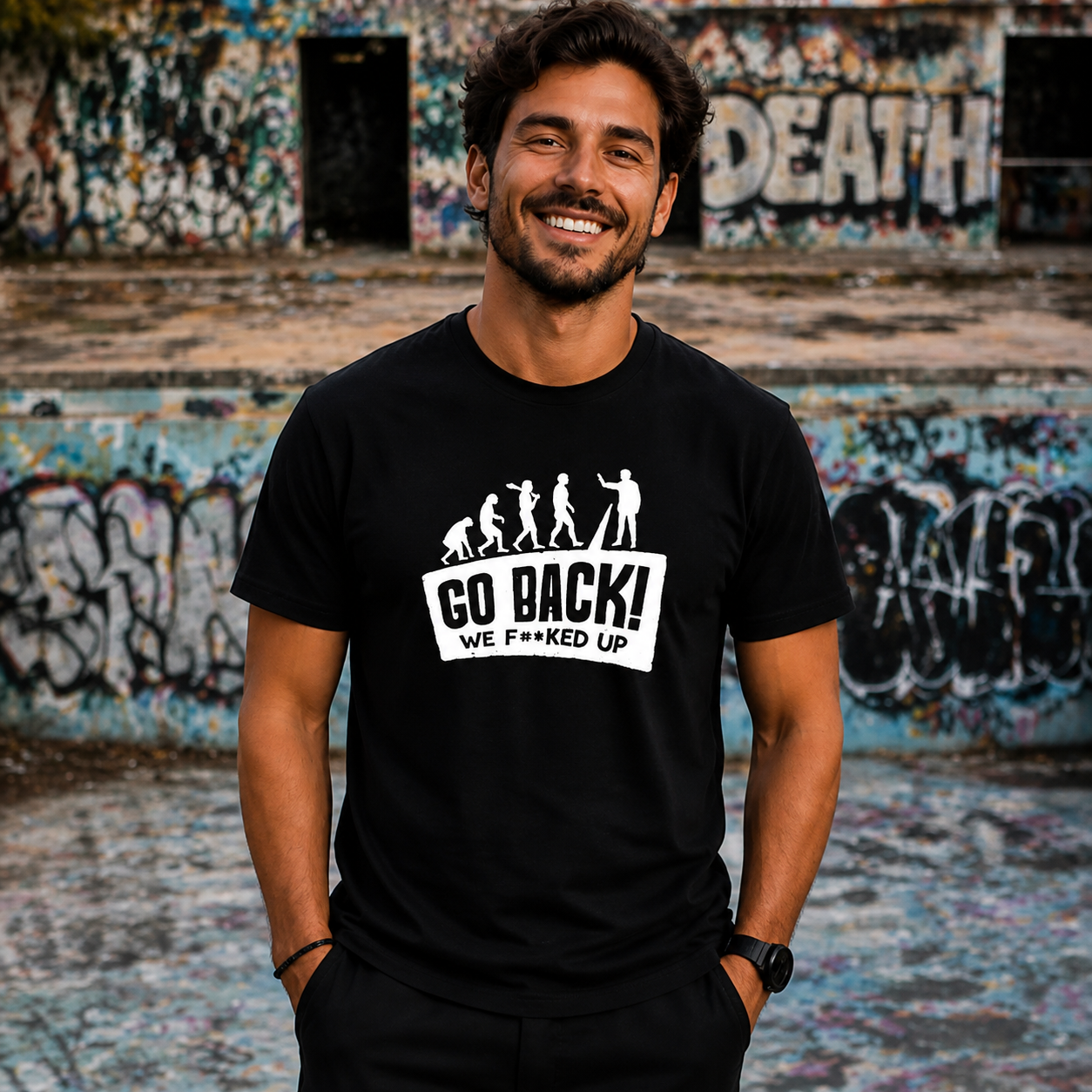Go Back Evolution Funny Graphic Tee