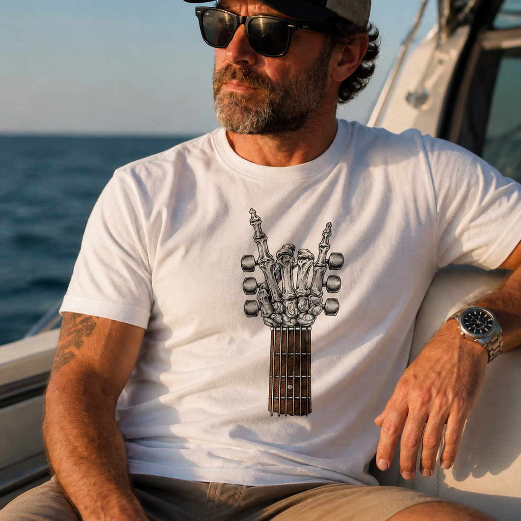 Skeleton Rock Hand Guitar Graphic T-Shirt