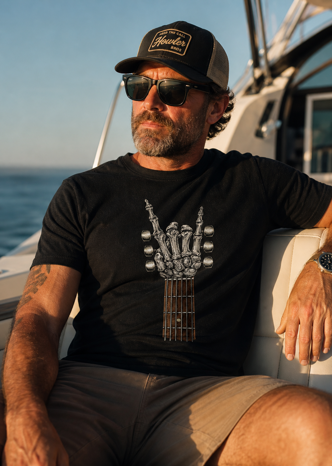 Skeleton Rock Hand Guitar Graphic T-Shirt