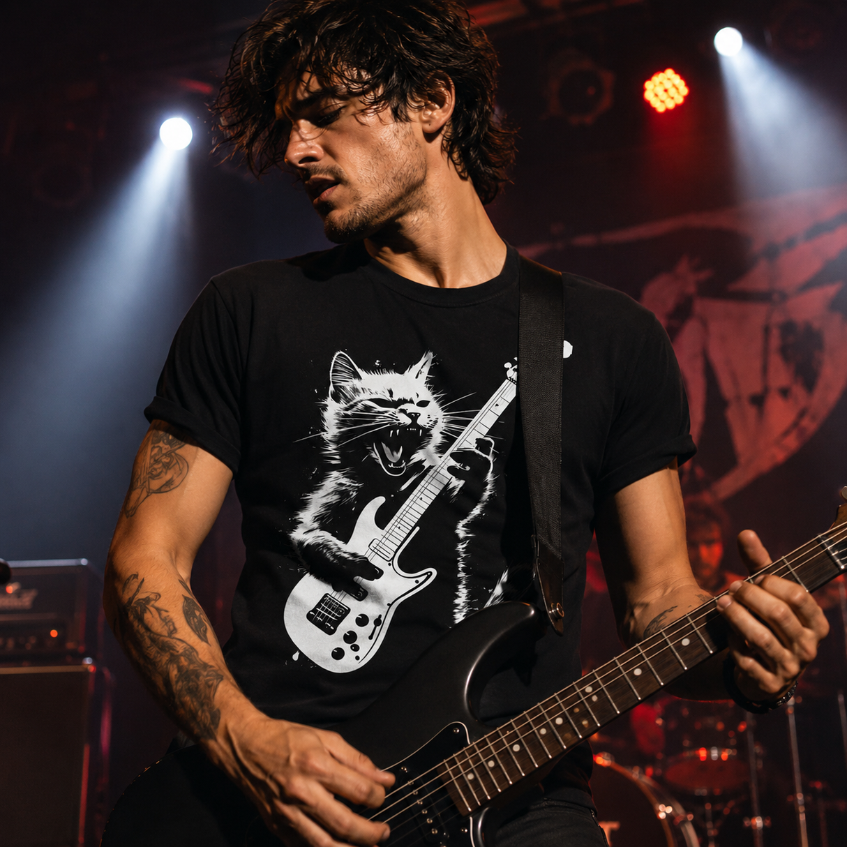 Rocking Cat Guitar Graphic T-Shirt