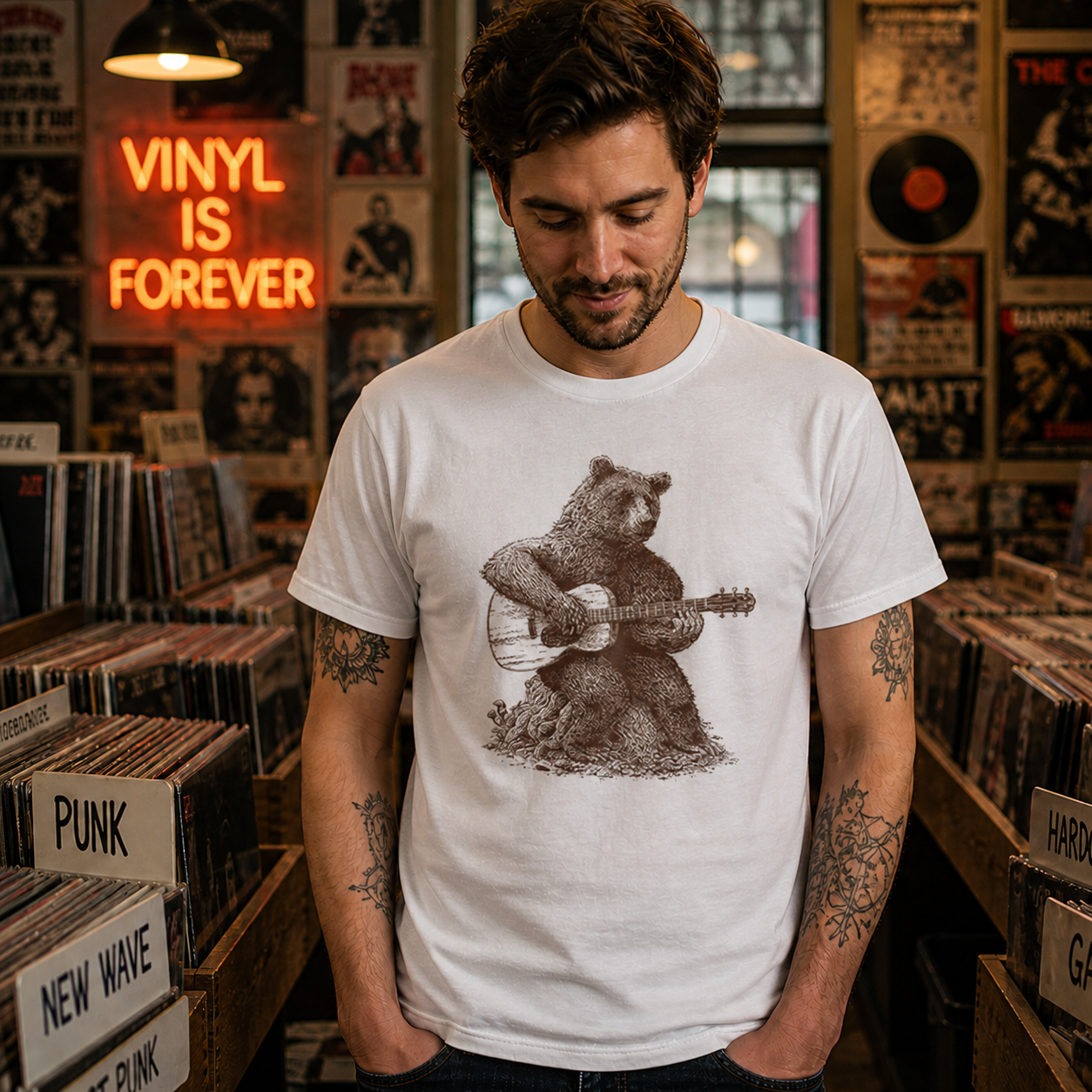 Bear Playing Guitar Vintage Illustration T-Shirt
