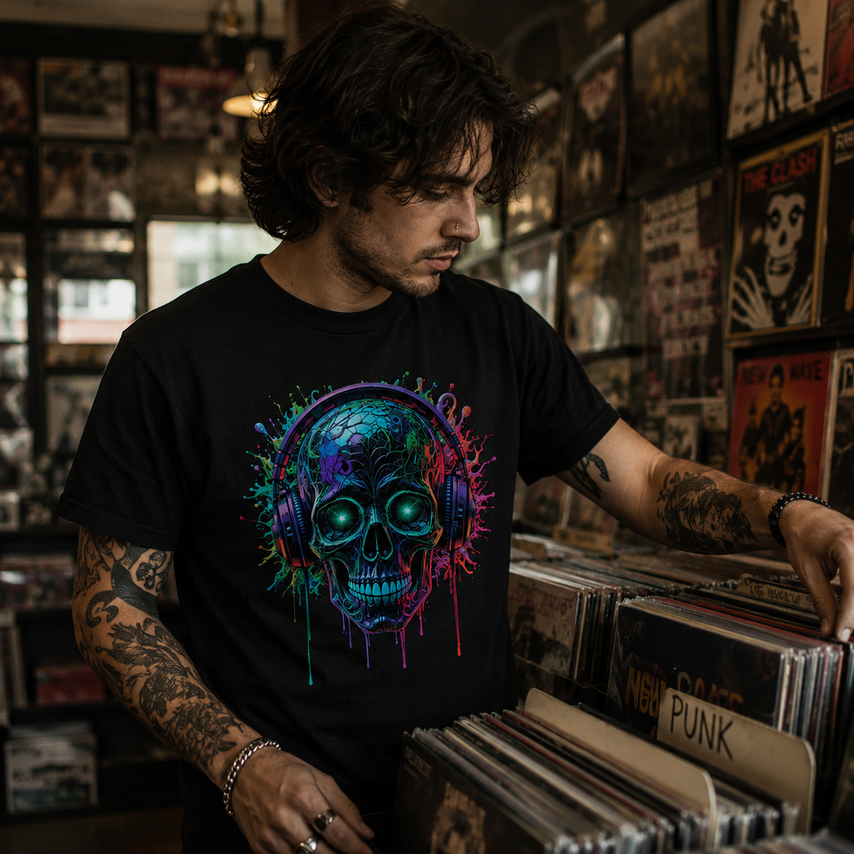 Neon Pulse Skull Headphones Tee