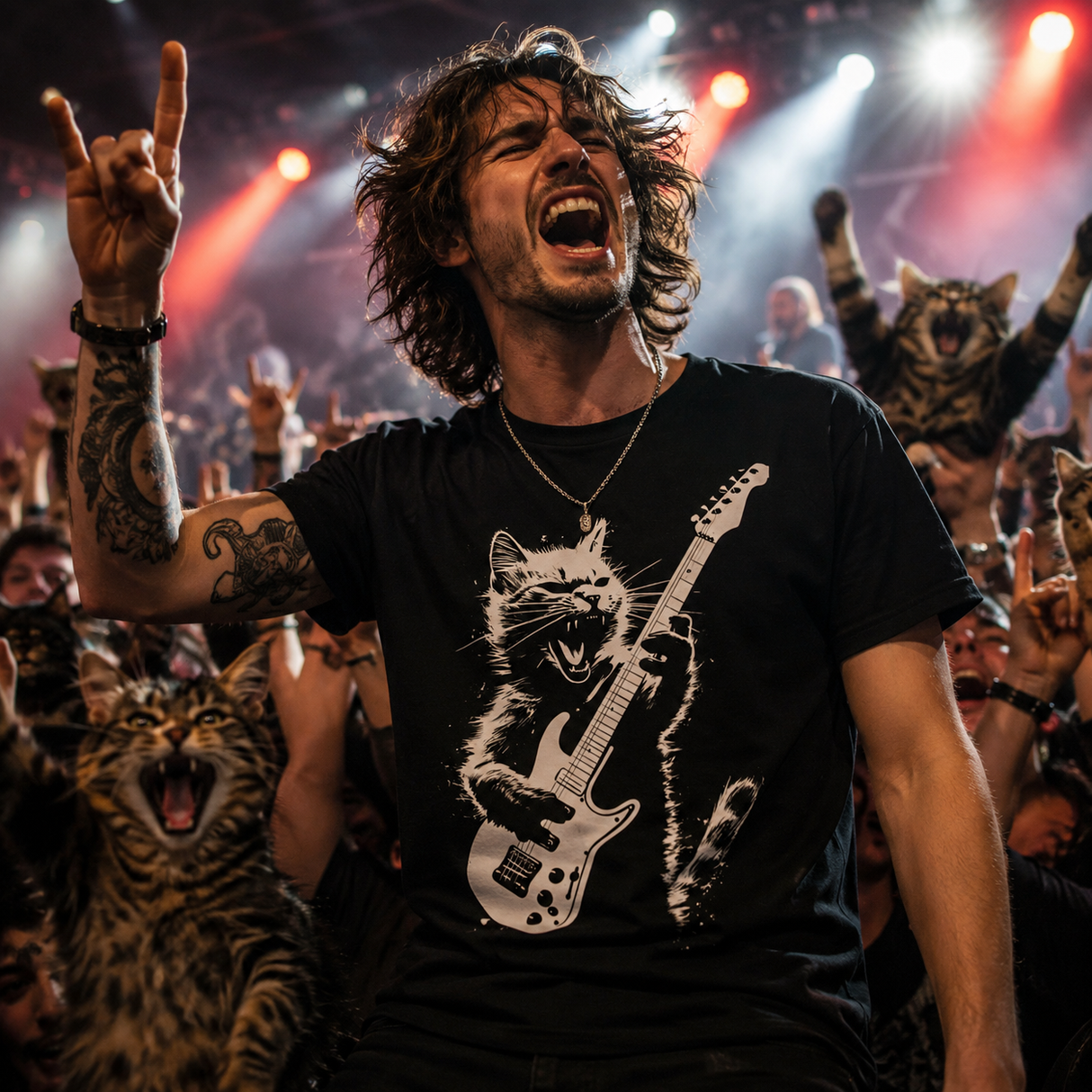 Rocking Cat Guitar Graphic T-Shirt
