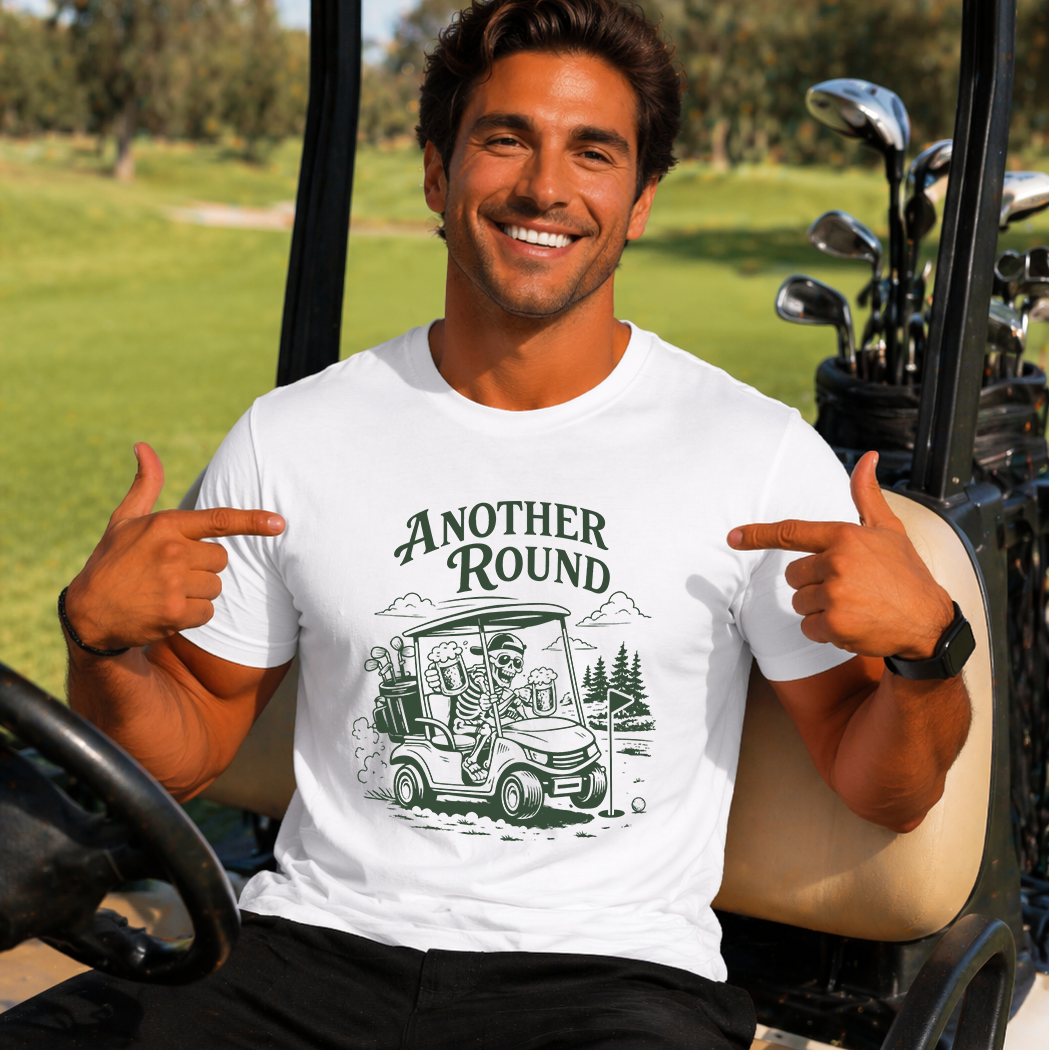 Another Round Golf Cart Skeleton Graphic T-Shirt
