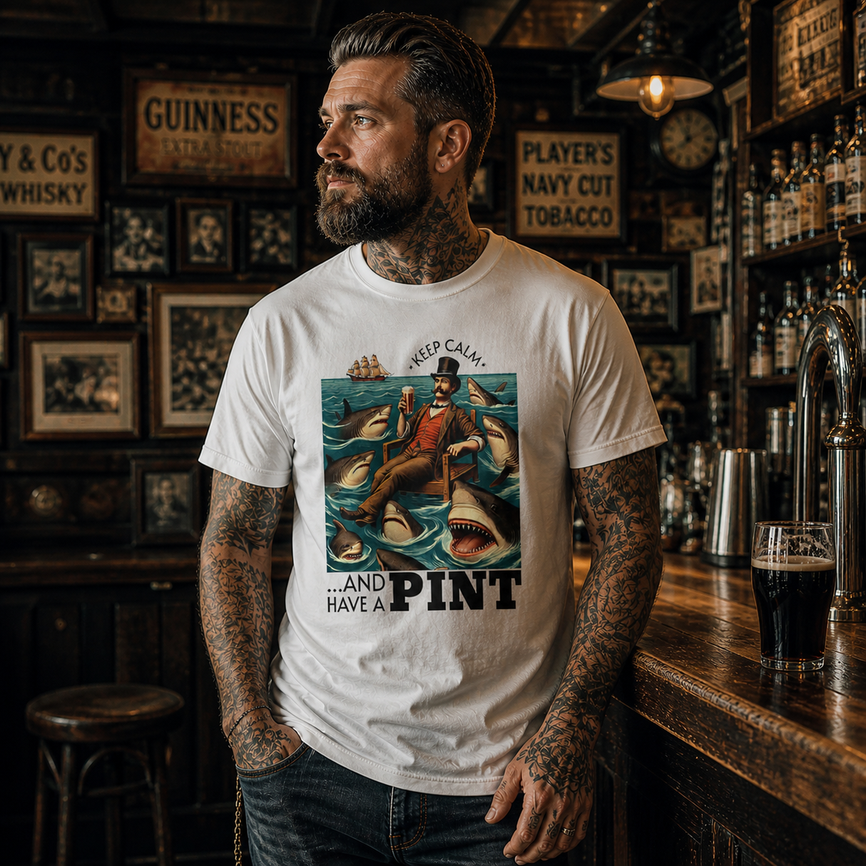 Keep Calm and Have a Pint Shark Scene Graphic Tee